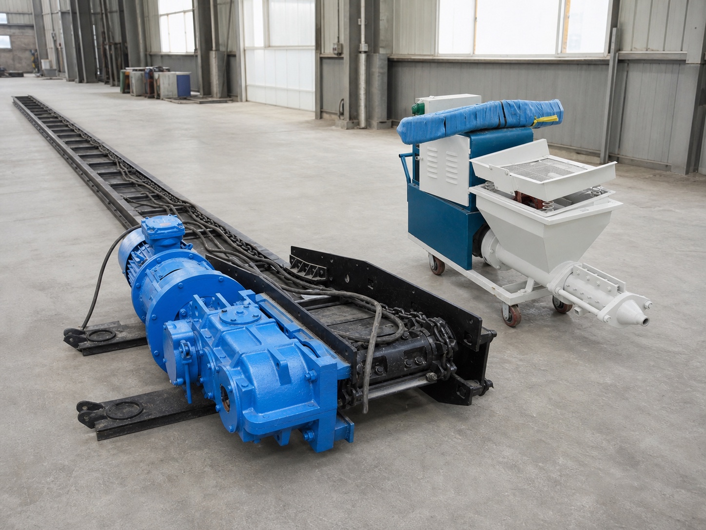 Scraper conveyor and mortar spraying equipment prepared for inspection