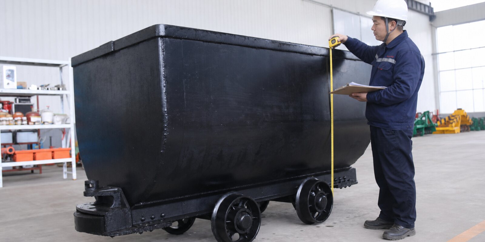 Inspector checking underground mining equipment before packing